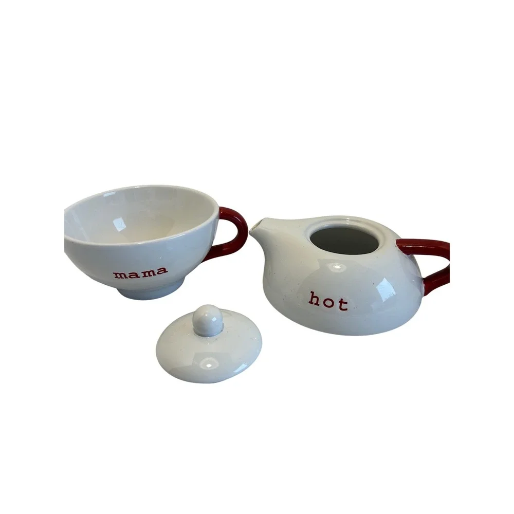 Pottery Barn Hot Mama‎ Teapot Cup Set Red White Ceramic Stacking Mug Kitchenware